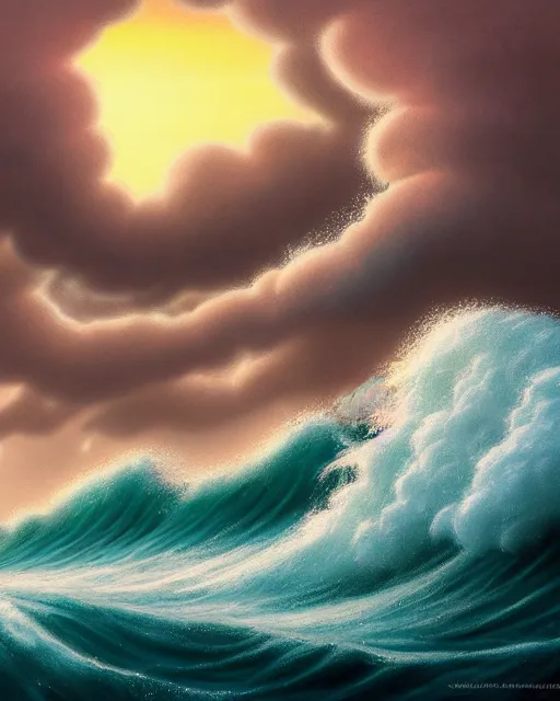 Image similar to sea with huge tsunami rolling waves, shore, sunset, hyper realistic, artstation, illustration, nicoletta ceccoli, mark ryden, lostfish, dan decarlo, bob clampett, max fleischer, digital paint, matte paint, vivid colors, detailed and intricate environment