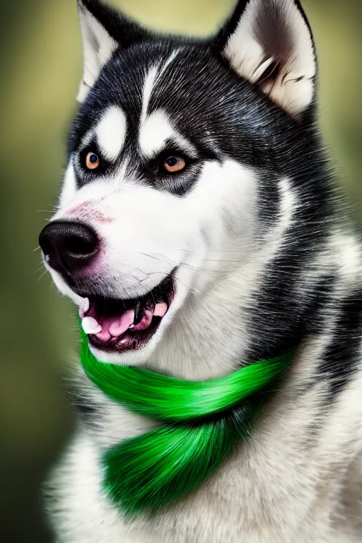 Prompt: proud husky with green flowing hair and heterochromia, studio lighting, realistic, beautiful, chromatic aberration, 4 k, in focus, very detailed, global illumination