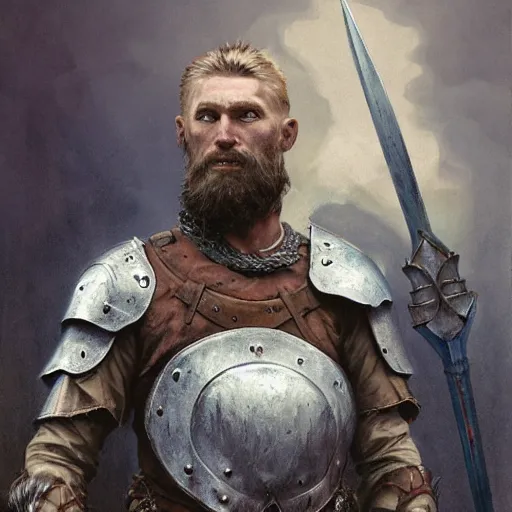 Image similar to rough-skinned, short-bearded undead Viking warrior with ice-pale skin wearing brutalist plate armor with art deco knotwork, by Greg Rutkowski, Brom, and Alphonse Mucha