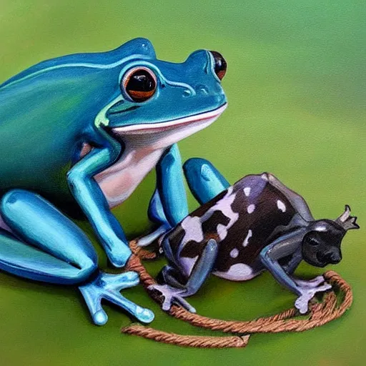 Image similar to a beautiful painting of singular frog graze a cow on a rope, trending on artstation