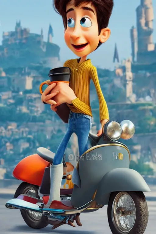 Prompt: portrait of young italian holding teacup with vespa with italian city in background, full body. pixar disney 4 k 3 d render funny animation movie oscar winning trending on artstation and behance, ratatouille style