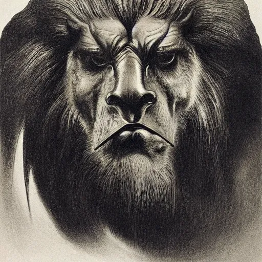 Image similar to creature with with four faces : eagle, bull, man, lion. drawn by zdzislaw beksinski