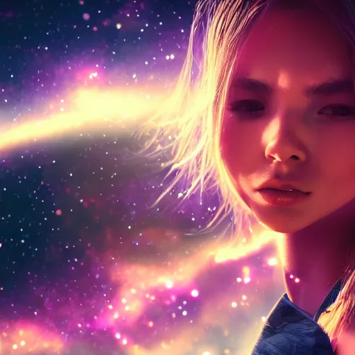 Image similar to beautiful girl galaxy background, portrait character concept style trending on artstation concept art detailed octane render cinematic photo - realistic 8 k high detailed