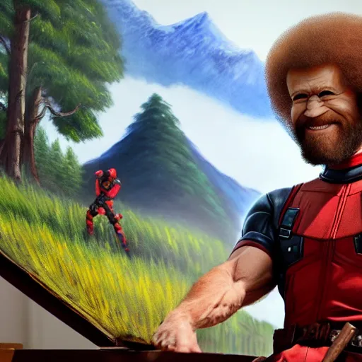 Image similar to a closeup photorealistic photograph of bob ross working on a canvas painting of deadpool. film still. brightly lit scene. mountains and trees. this 4 k hd image is trending on artstation, featured on behance, well - rendered, extra crisp, features intricate detail, epic composition and the style of unreal engine.