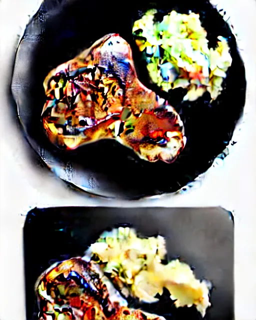 Prompt: porkchops and mashed potatos on the new razer gaming LED plate, HD, trending on artstation, instagram post, LED