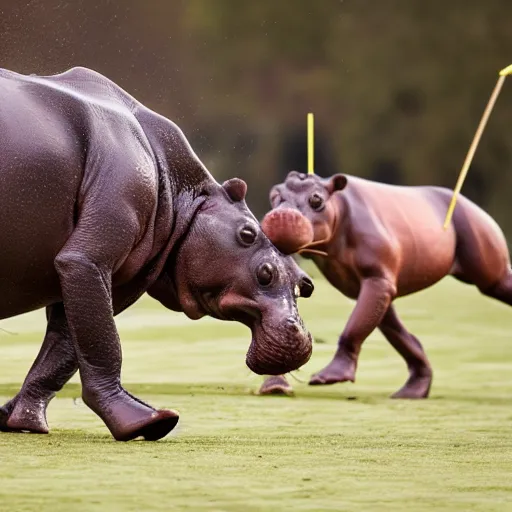 Prompt: polo played with hippopotamuses. sports photograph.