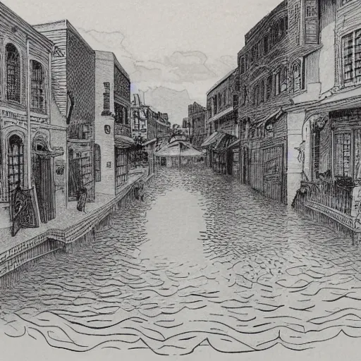 Image similar to water flowing through the streets in old city, sideview, drawing by moebius