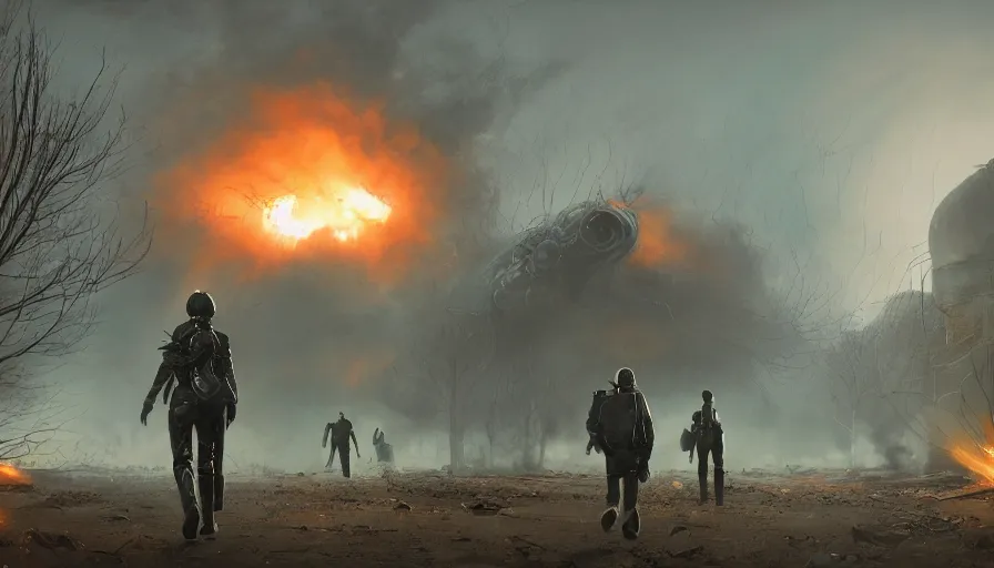 Image similar to woman with black hair and leather jacket walking away from explosion, lovecraftian hellscape, golden tenticles, soldiers and mech fight, simon stalenhag, 4 k, ultra detailed, explosions and smoke