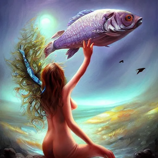 Prompt: fantasy art, animal conceptual artwork, woman with giant fish, surreal painting, illustration dream and imagination concept, mystery of nature