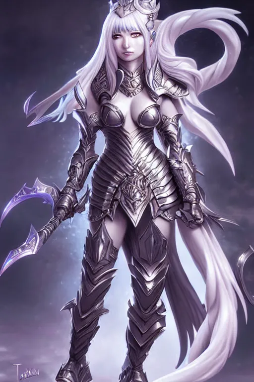 Image similar to sakimi chan, detailed face, standing, silver fantasy armor, tony sart