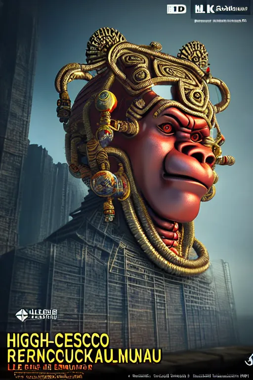 Image similar to high quality 3 d render post - rococo cyberpunk hanuman! head shri ram centre, madhubani, highly detailed, morning in sci - fi new delhi, cinematic smooth unreal engine, lee madgwick & liam wong, dramatic light, long shot, low angle, uhd 8 k, sharp focus