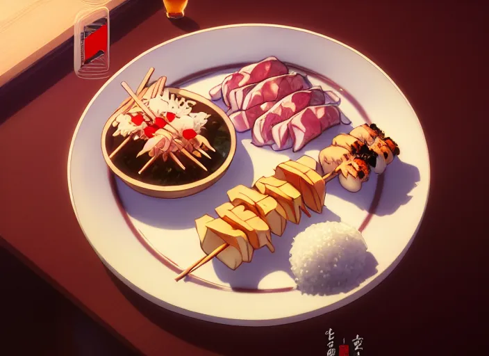 Image similar to a film still portrait of a plate with japanese food yakitori, finely detailed features, closeup at the food, perfect art, at a dinner table, gapmoe yandere grimdark, trending on pixiv fanbox, painted by greg rutkowski makoto shinkai takashi takeuchi studio ghibli, akihiko yoshida