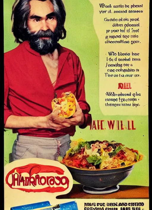 Prompt: vintage jello advertisement depicting charles manson holding a perfection salad