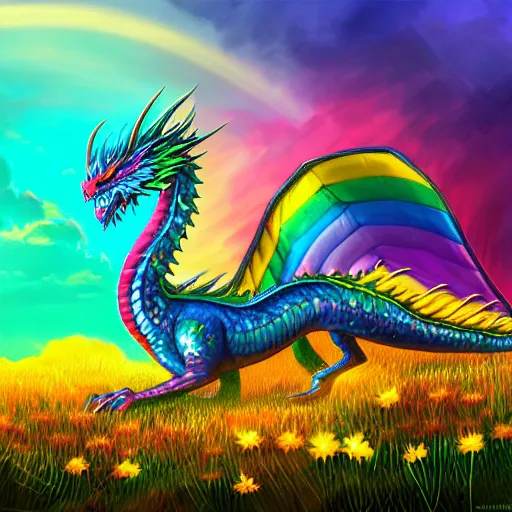 Prompt: rainbow dragon sits on a large pile of gold and gems in a field of daisies, blue clear sky, neon color, highly detailed, digital painting, artstation, concept art, matte, sharp focus, impressionnisme