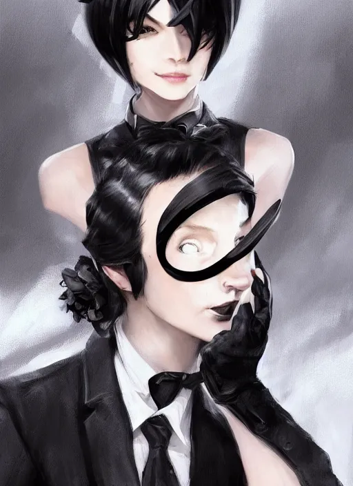 Image similar to a highly detailed illustration of beautiful short black messy haired woman wearing eyepatch!!!!!!!!!!!! and noir style suit and tie, dramatic smiling pose, intricate, elegant, highly detailed, centered, digital painting, artstation, concept art, smooth, sharp focus, league of legends concept art, WLOP