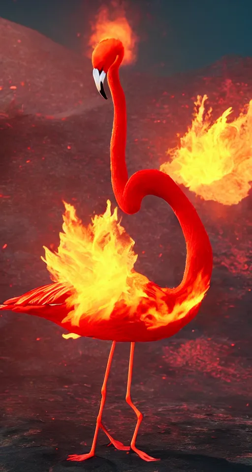 Image similar to a flamingo made out of fire, inferno, magma scarred landscape background, epic sense of scale, unreal engine 5, particle effects,