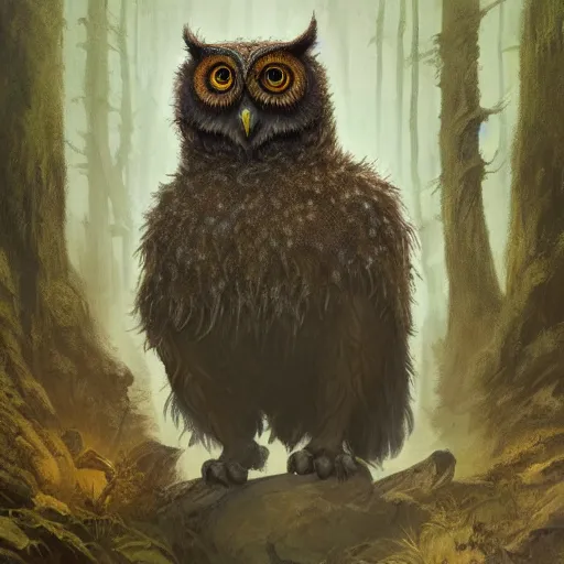 Prompt: three quarter portrait of an owlbear in the forest, d & d, fantasy, greg rutkowski, frank frazetta, alexandre chaudret, boris vallejo, michael whelan, miro petrov, hr giger, magali villeneuve, donato giancola