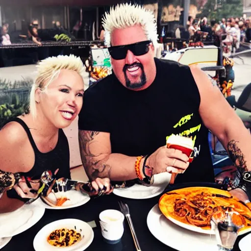 Prompt: guy fieri with pitvipers wearing a mesh neon tank top doing a mukbang