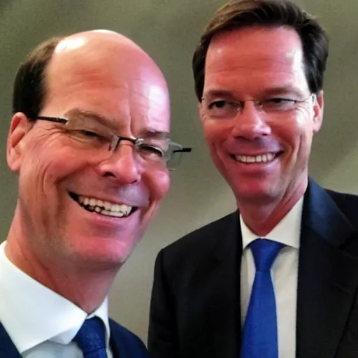 Image similar to a selfie of Mark Rutte shoulder to shoulder with Klaus Schwab