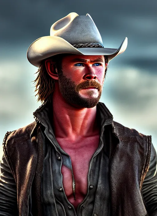 Prompt: chris hemsworth cowboy, highly detailed, 4 k, hdr, award - winning, artstation, octane render