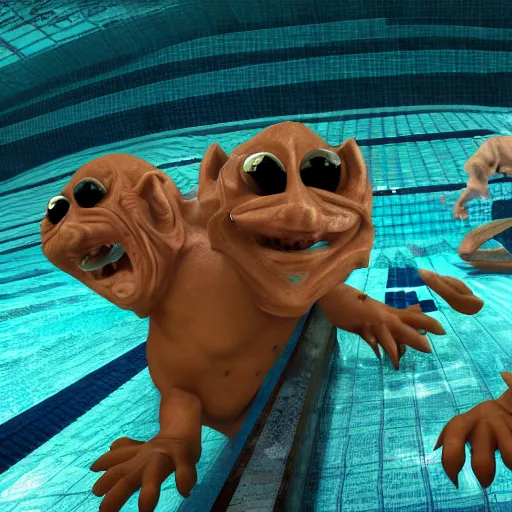 Image similar to photo, two ugly old men fight rat monsters 5 3 8 2 8 inside a swimming pool, highly detailed, scary, volumetric lighting