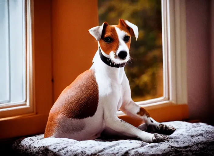 Image similar to photography of a Jack Russel . watching outside the window. on a bed. in a 70's room full of vinyls and posters, photorealistic, award winning photo, 100mm, sharp, high res