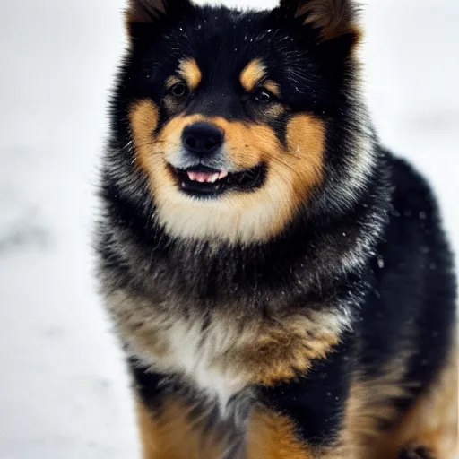 Prompt: excited brown and tan domino finnish lapphund, 35mm photograph