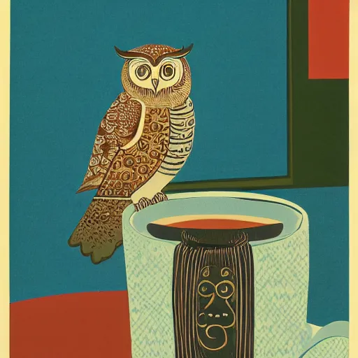 Prompt: owl at morning with cup of coffee, rich in details, kirchner, gaughan, caulfield, aoshima, earle