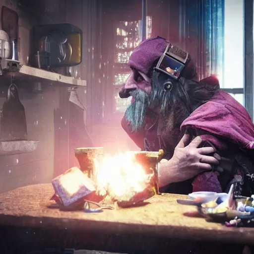 Prompt: a cyberpunk british magical hobo breaks into some ork's kitchen and attacks them, 4 k, detailed, real life photo, sharp focus, photorealistic