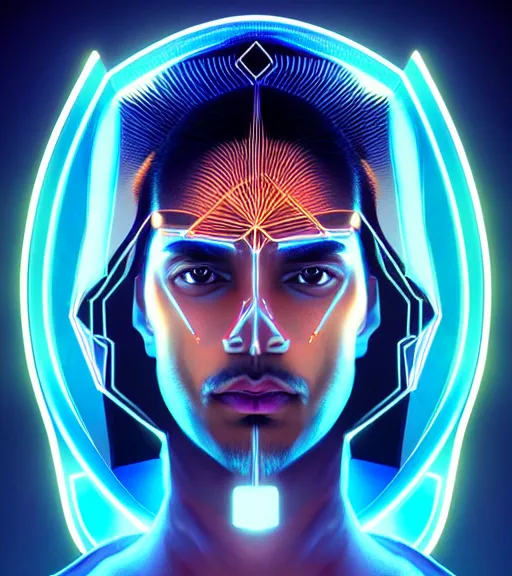 Image similar to symmetry!! indian prince of technology, solid cube of light, hard edges, product render retro - futuristic poster scifi, lasers and neon circuits, brown skin handsome indian prince, intricate, elegant, highly detailed, digital painting, artstation, concept art, smooth, sharp focus, illustration, dreamlike, art by artgerm