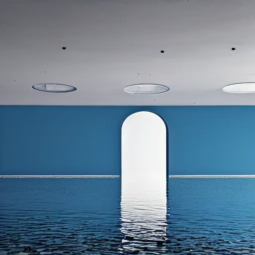 Prompt: interior of a flooded building, all white, minimalistic architecture, rounded ceiling, arched doorway, dim lights, liminal space, blue water, minimalistic,