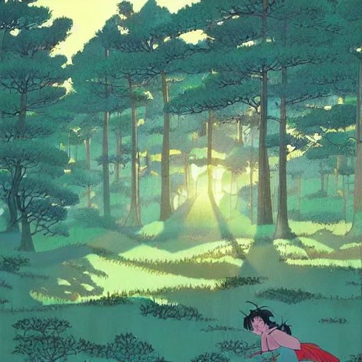 Image similar to forest in the morning light, by Rumiko Takahashi, masterpiece
