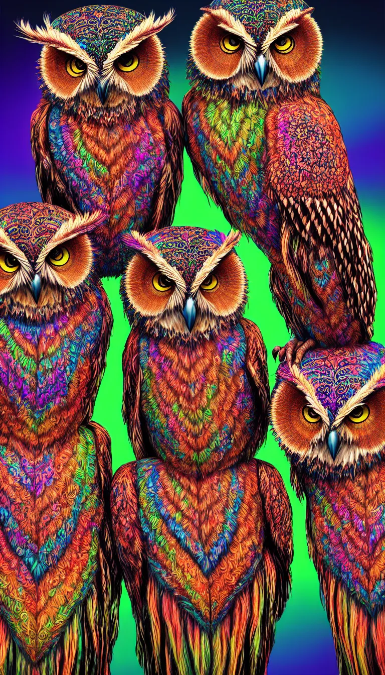 Prompt: highly detailed photo of three psychedelic owl talking to each other while sitting on tree, hyper realistic, concept art, 8 k detail post - processing