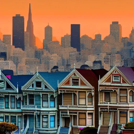 Image similar to a photograph of the painted ladies in san francisco at sunset artstation cyberpunk dreamscape high definition