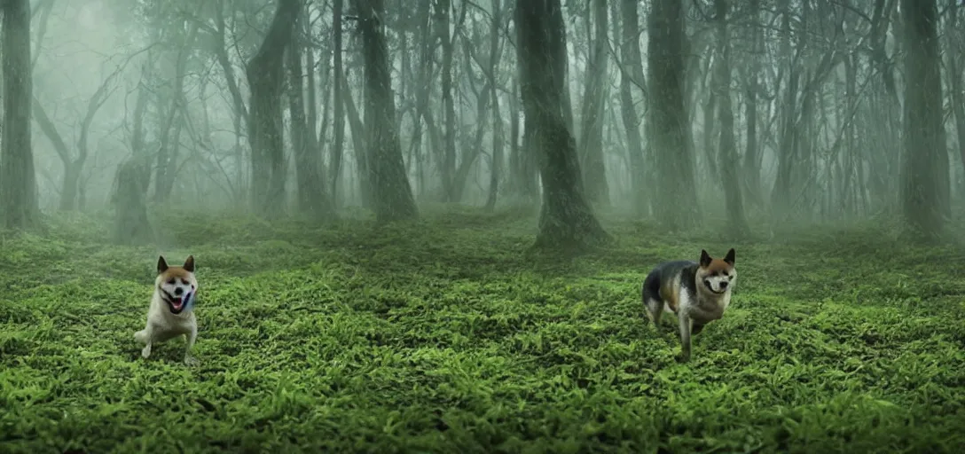 Image similar to a complex organic fractal 3 d metallic symbiotic ceramic humanoid megastructure shiba inu in a swampy lush forest, foggy, cinematic shot, photo still from movie by denis villeneuve