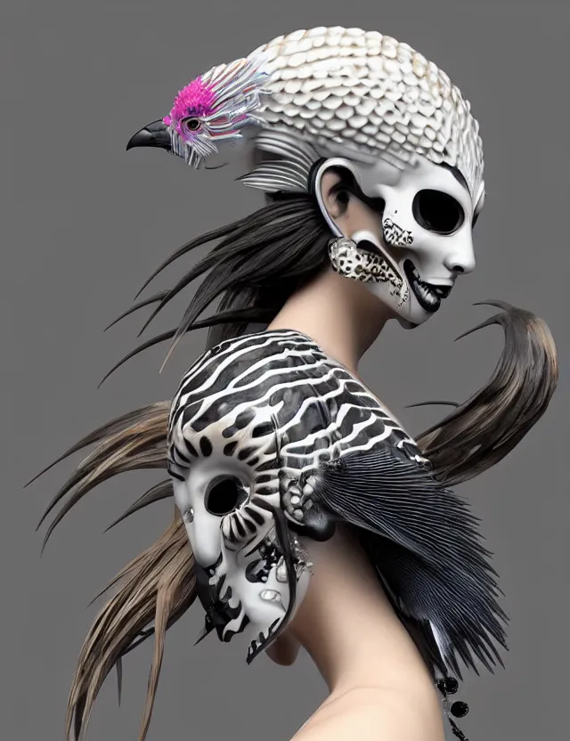 Image similar to 3 d goddess close - up profile simple portrait punk with mohawk with tiger skull. beautiful intricately detailed japanese crow kitsune mask and clasical japanese kimono. betta fish, jellyfish phoenix, bio luminescent, plasma, ice, water, wind, creature, artwork by tooth wu and wlop and beeple and greg rutkowski