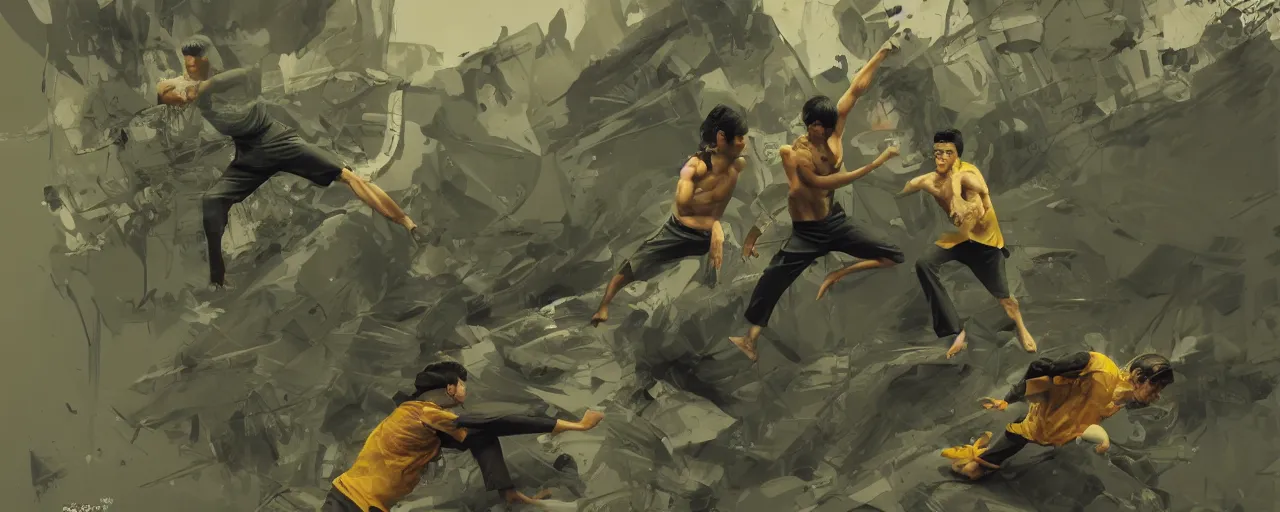 Image similar to duotone olive green grey illustration 3 / 4 portrait of gollum fighting with bruce lee. dynamic chaotic composition accidental renaissance golden ratio. by sachin teng and sergey kolesov and ruan jia and heng z. graffiti art, scifi, fantasy, hyper detailed. octane render. concept art. trending on artstation