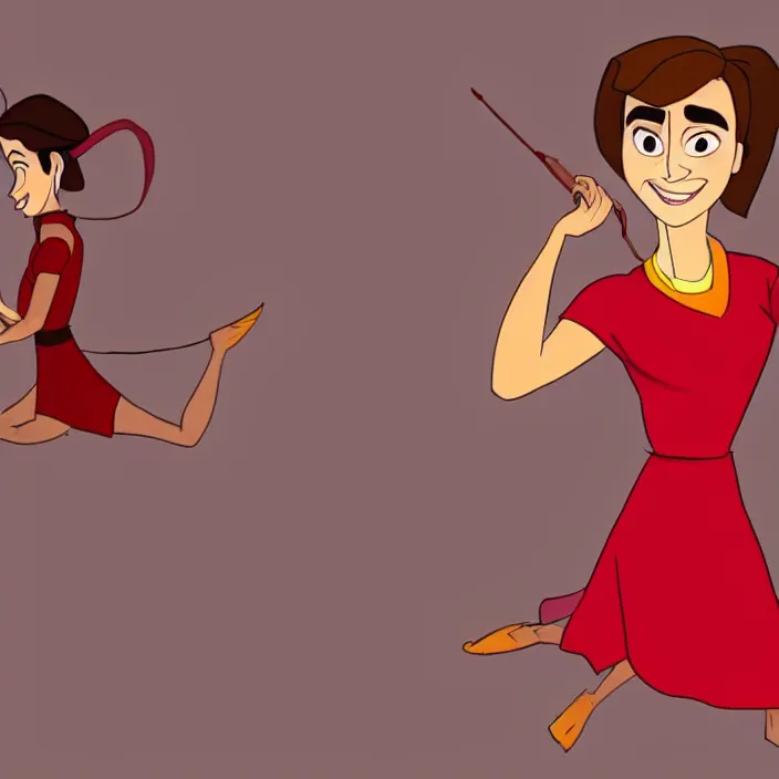 Prompt: A cartoon of a Joyful! and smiling Emma Watson wearing red clothes, in the style of The emperor's new groove (2000). Clear body. Light Clothes. Low angle.