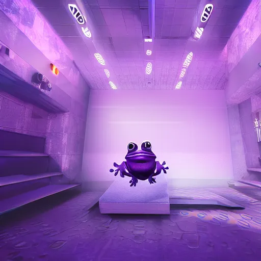 Prompt: a purple frog in a strange place ; dark and scary ; hi - tech ; vaporwave ; unreal engine, wide angle