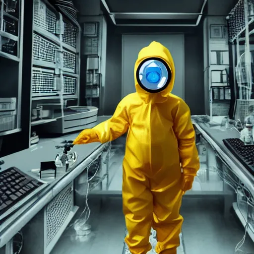 Prompt: A cute baby scientist wearing hazmat suit in the lab, biohazard, detailed eyes, award winning art by beeple