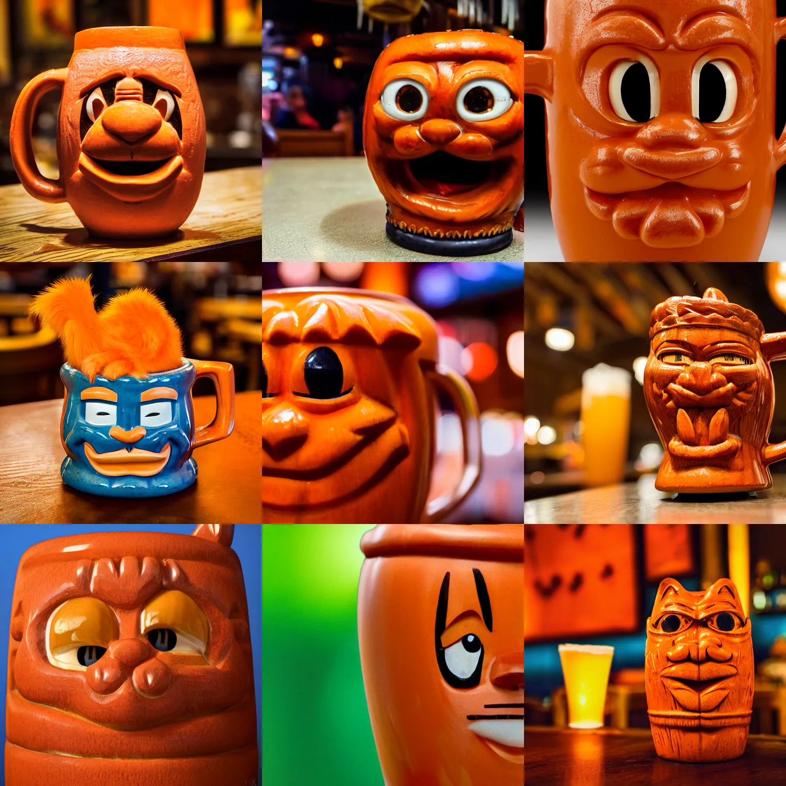 Prompt: a closeup photorealistic photograph of an orange garfield cat style tiki mug at a trader vic's bar with garfield's face on the front. tiki party. bright scene. fine detail. this 4 k hd image is trending on artstation, featured on behance, well - rendered, extra crisp, features intricate detail, epic composition and the style of unreal engine.