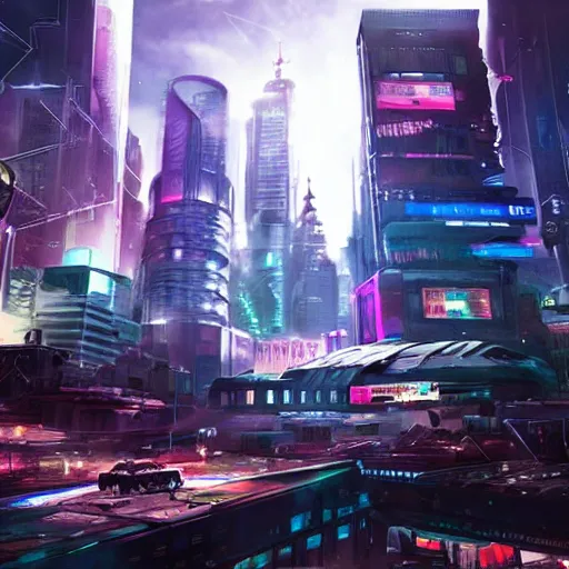 Prompt: cyberpunk dyspotian city being attacked by an alien spaceship art station epic very detailed award winning sharp focus dramatic lighting