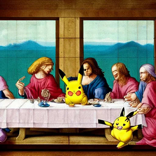 Image similar to pikachu and jigglypuff recreate da vinci's last supper, photorealistic, detailed image, 4 k