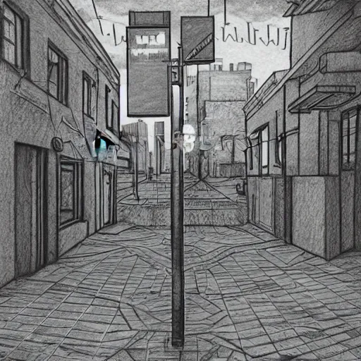 Prompt: graphite illustration of non-euclidean geometry byzantine cyberpunk street corner, surreal grunge