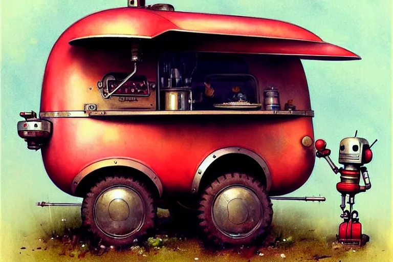 Image similar to adventurer ( ( ( ( ( 1 9 5 0 s retro future robot android mouse wagon food truck robot. muted colors. ) ) ) ) ) by jean baptiste monge!!!!!!!!!!!!!!!!!!!!!!!!! chrome red