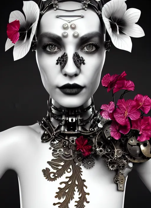 Image similar to monochrome 3 d model, steampunk biomechanical beautiful young female cyborg with porcelain profile face and a big floral eye, volumetric light, leaves foliage and stems, hibiscus flowers, boho floral vines, sinuous fine roots, fine foliage lace, alexander mcqueen, rim light, big gothic fashion pearl embroidered collar, octane render, 8 k