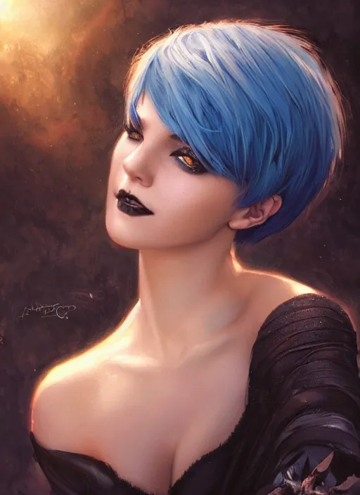 Prompt: girl with black and blue hair, pixie haircut, beautiful highly detailed face, complementary lighting, backlit, black eyeshadow, grinning, adventure, alluring gaze, dramatic lighting, landscape background, beautiful painting by artgerm and greg rutkowski and raymond swanland