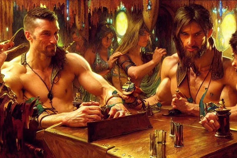 Image similar to muscular attractive wizards playing magic in bar, painting by gaston bussiere, craig mullins, greg rutkowski, alphonse mucha