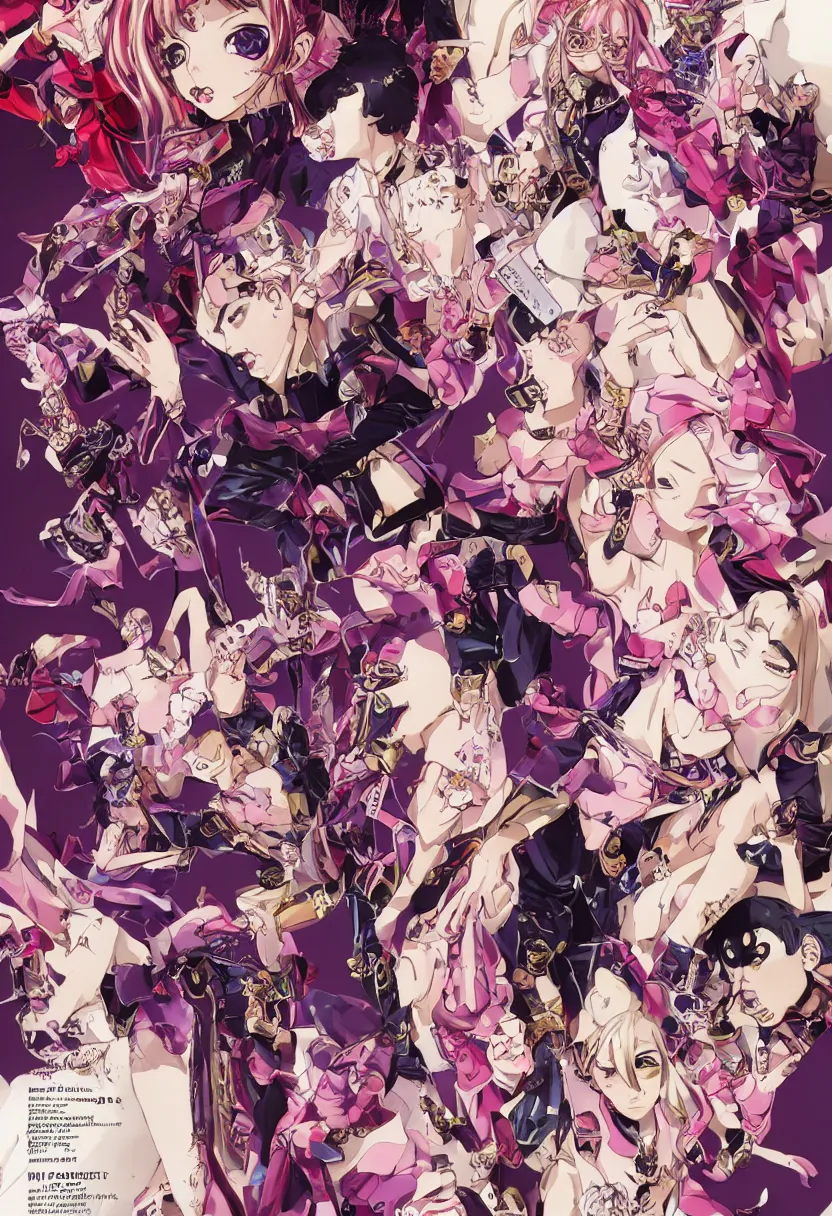 Image similar to Magazine Cover Anime key visual of a Gucci girl; official media; typography; drawn by Hirohiko Araki; Jojo's Bizarre Adventure; Jojolion, portrait, made by Stanley Artgerm Lau, WLOP, Rossdraws, James Jean, Andrei Riabovitchev, Marc Simonetti, Yoshitaka Amano, ArtStation