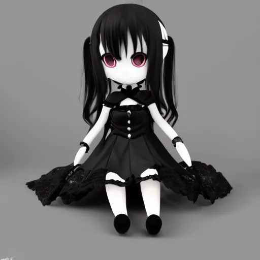 Image similar to cute fumo plush of a gothic maiden in a black on black uniform, laces and ribbons, soft shadow, anime girl, vray, symmetry, white frame